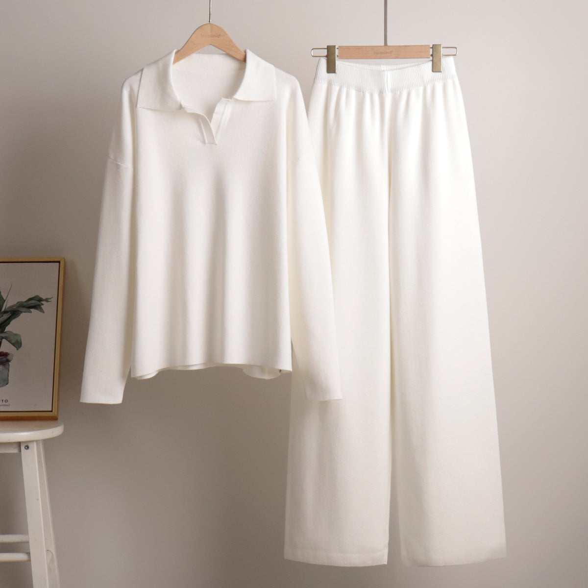 Ensemble femme deux pièces, pull polo et pantalon ample, du S au L