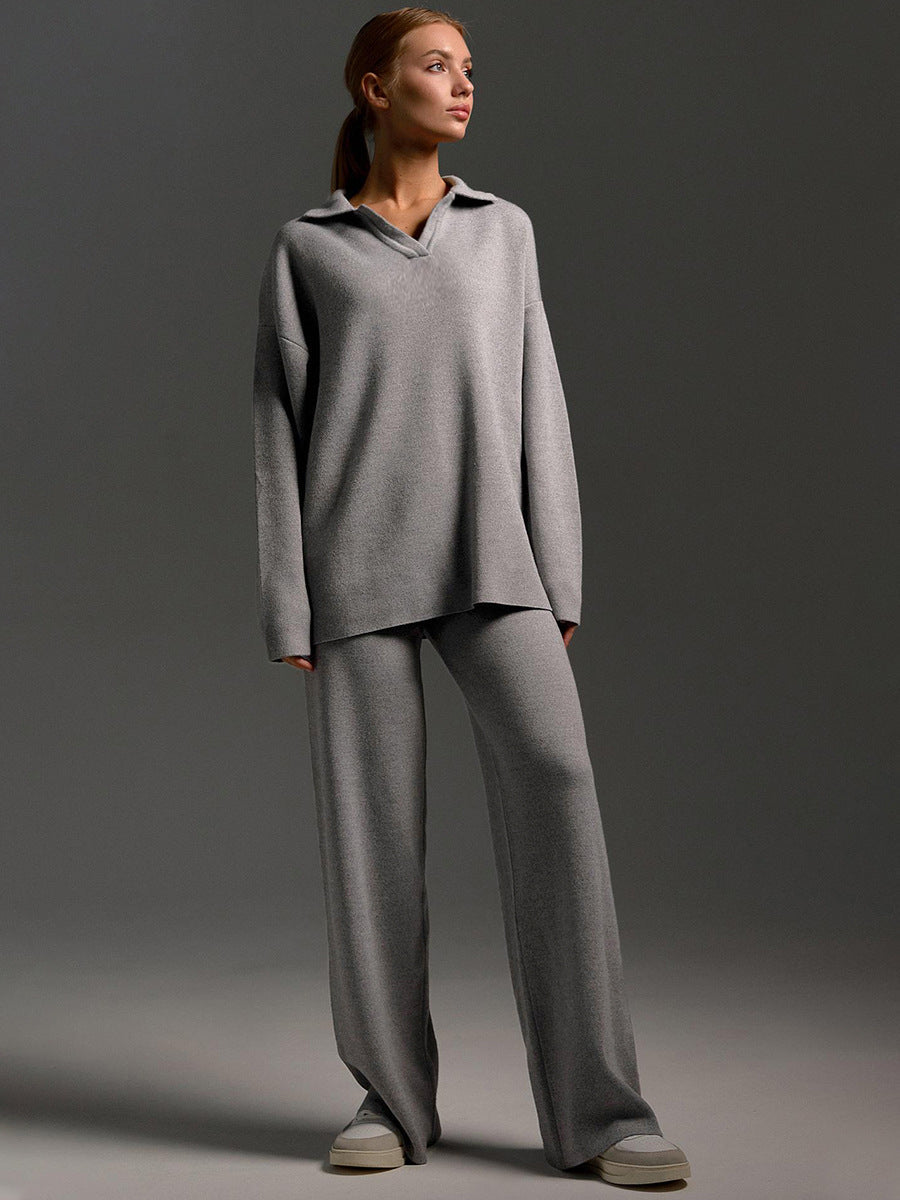 Ensemble femme deux pièces, pull polo et pantalon ample, du S au L