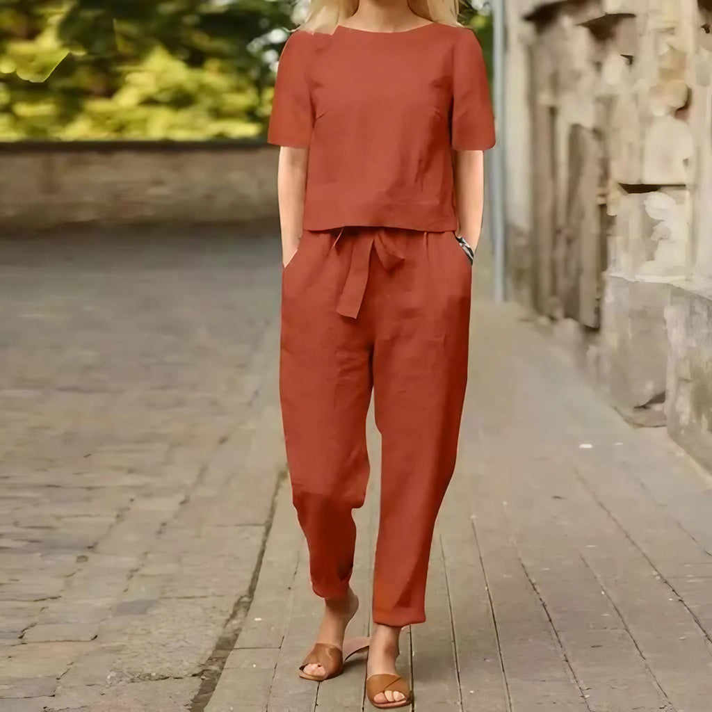Ensemble femme en coton mélangé, printemps et été, du S au 5XL, rouge brique