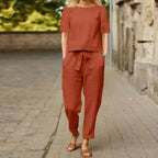 Ensemble femme en coton mélangé, printemps et été, du S au 5XL, rouge brique