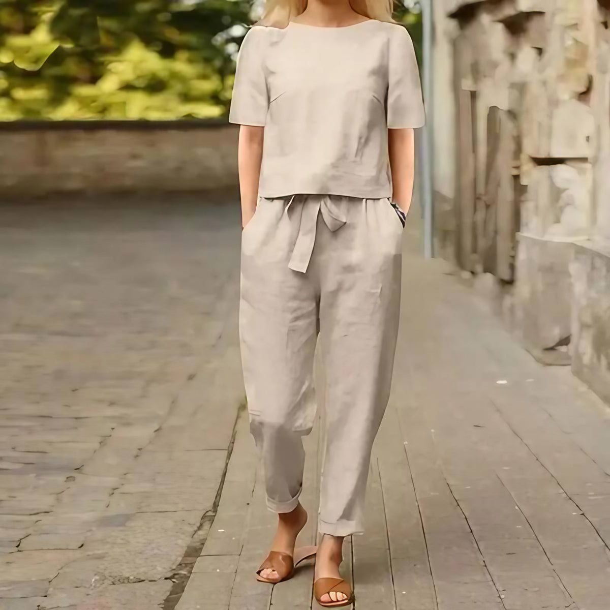 Ensemble femme en coton mélangé, printemps et été, du S au 5XL, beige