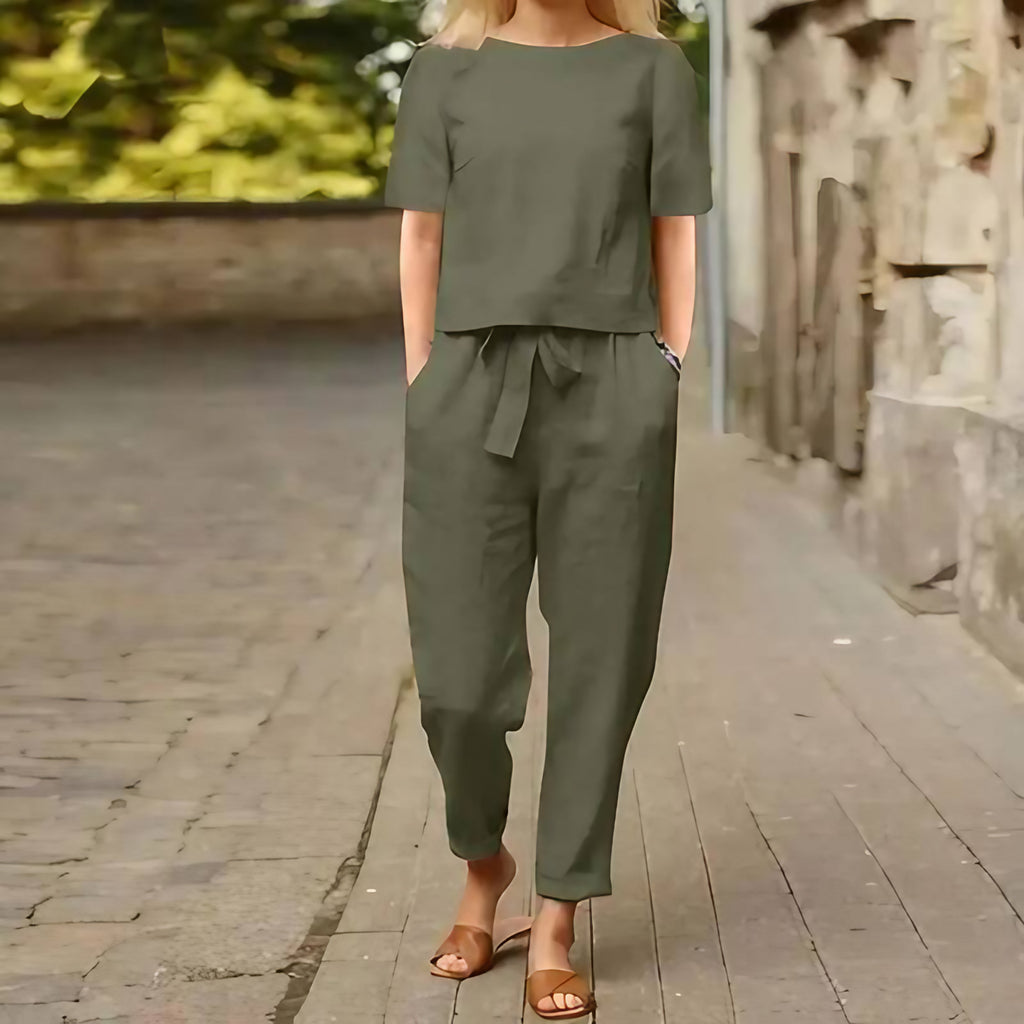Ensemble femme en coton mélangé, printemps et été, du S au 5XL, vert
