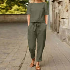 Ensemble femme en coton mélangé, printemps et été, du S au 5XL, vert