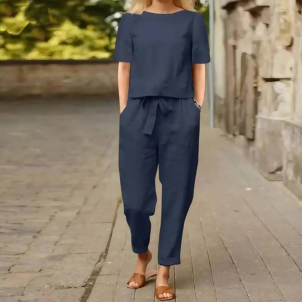 Ensemble femme en coton mélangé, printemps et été, du S au 5XL, bleu