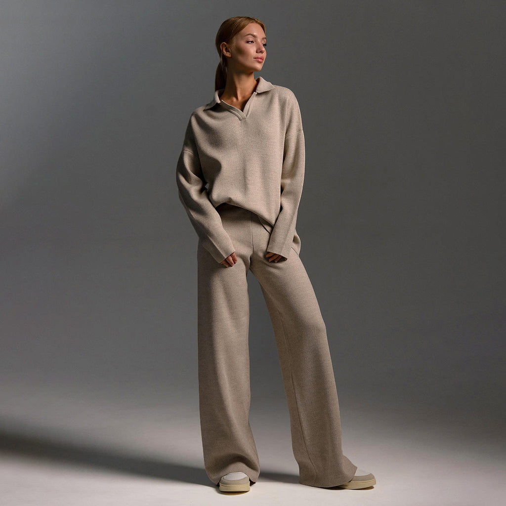 Ensemble femme deux pièces, pull polo et pantalon ample, du S au L
