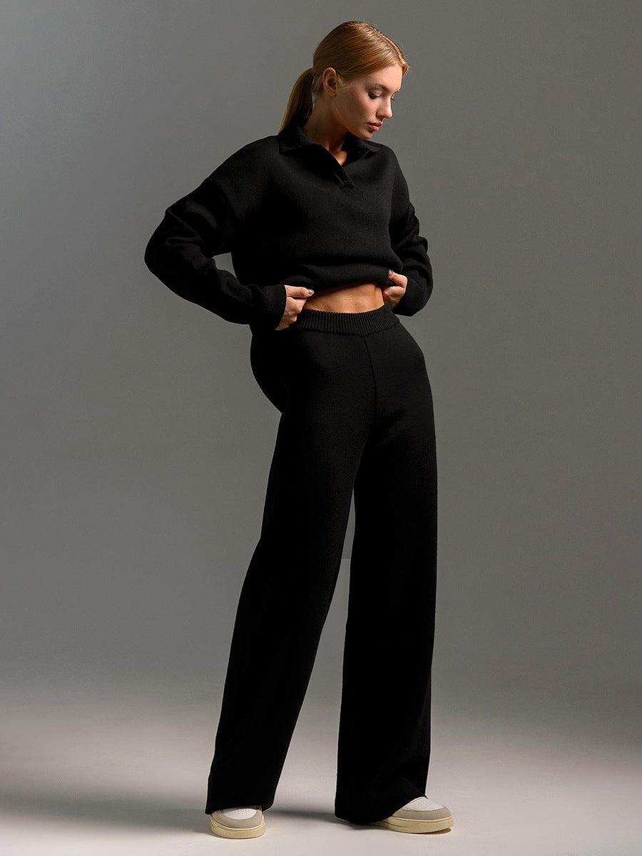 Ensemble femme deux pièces, pull polo et pantalon ample, du S au L