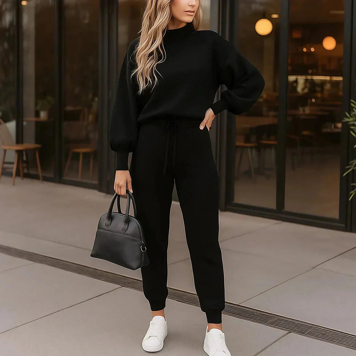 Ensemble sweat et pantalon femme, manches bouffantes, huit coloris, noir