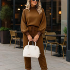 Ensemble sweat et pantalon femme, manches bouffantes, huit coloris, marron