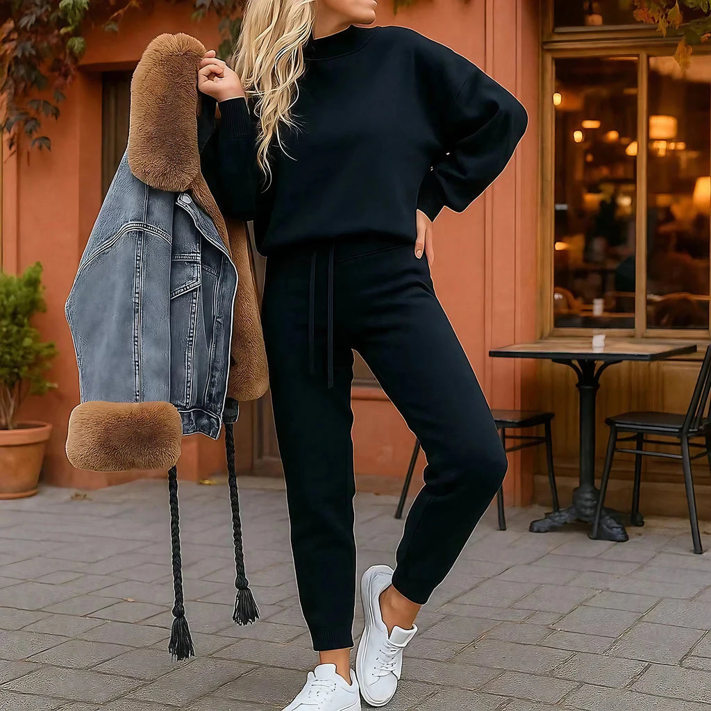 Ensemble sweat et pantalon femme, manches bouffantes, huit coloris, bleu foncé