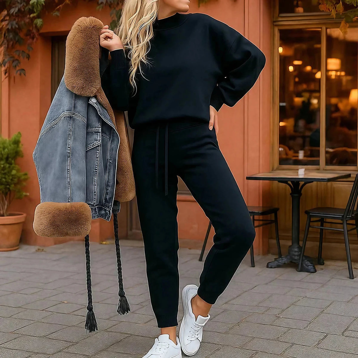 Ensemble sweat et pantalon femme, manches bouffantes, huit coloris, bleu foncé
