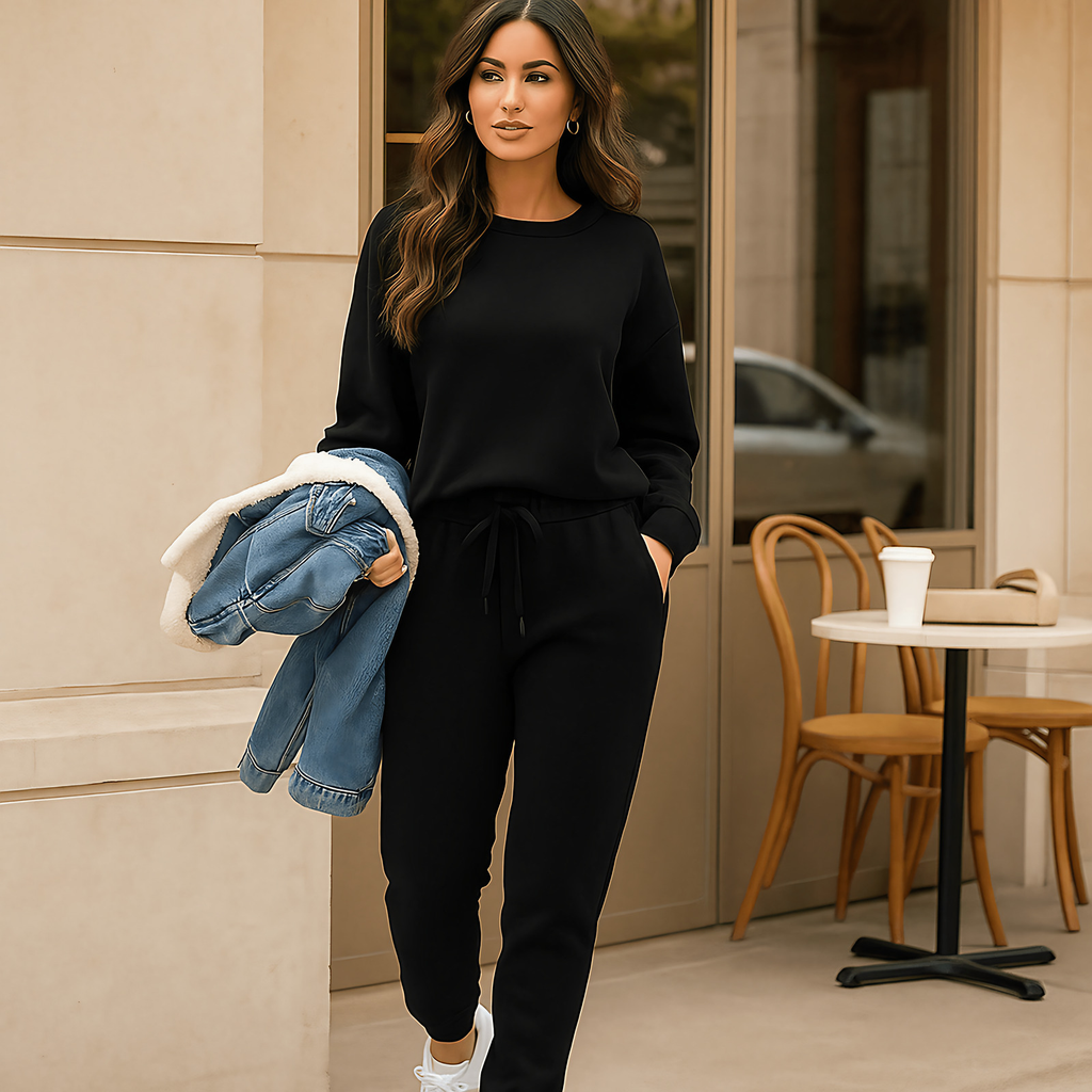 Ensemble détente femme en coton à capuche, six coloris, noir