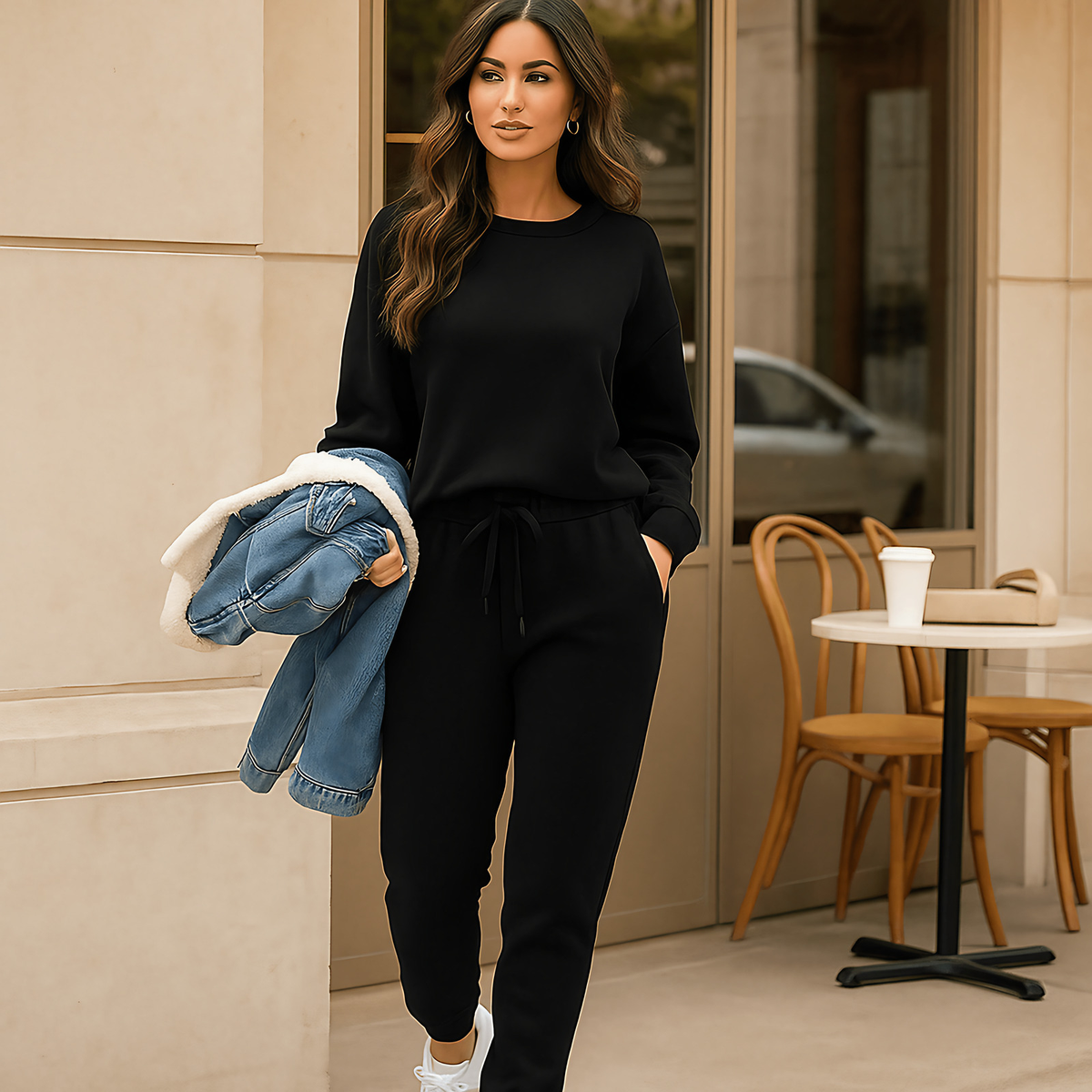 Ensemble détente femme en coton à capuche, six coloris, noir