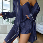 Pyjama femme trois pièces : peignoir, caraco col V et short, bleu marine