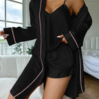 Pyjama femme trois pièces : peignoir, caraco col V et short, noir
