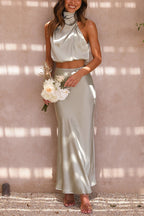 Ensemble satin femme, haut à manches longues et jupe longue
