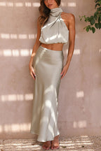 Ensemble satin femme, haut à manches longues et jupe longue