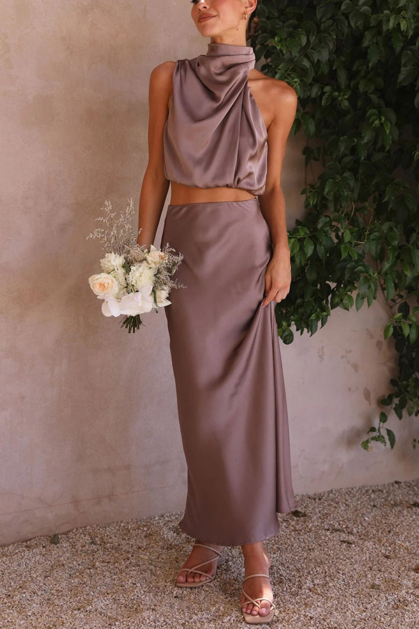 Ensemble satin femme, haut à manches longues et jupe longue