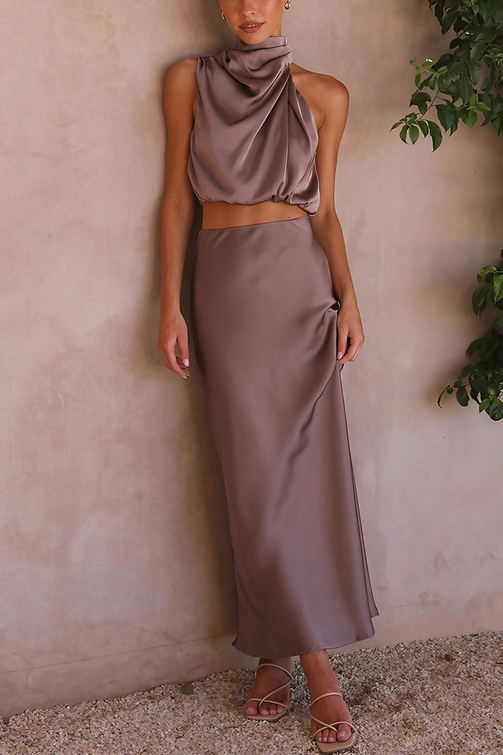 Ensemble satin femme, haut à manches longues et jupe longue, pourpre