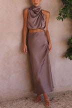 Ensemble satin femme, haut à manches longues et jupe longue, pourpre