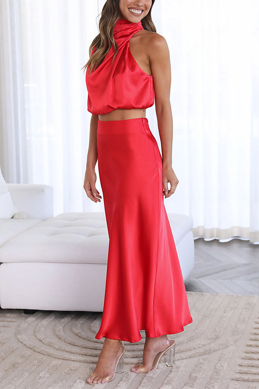Ensemble satin femme, haut à manches longues et jupe longue, rouge