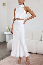 Ensemble satin femme, haut à manches longues et jupe longue, blanc