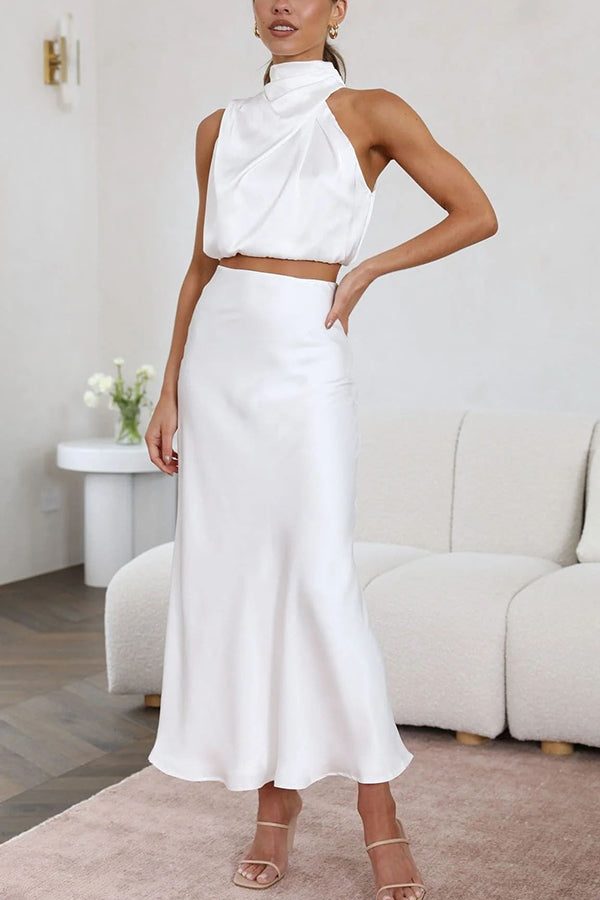 Ensemble satin femme, haut à manches longues et jupe longue, blanc
