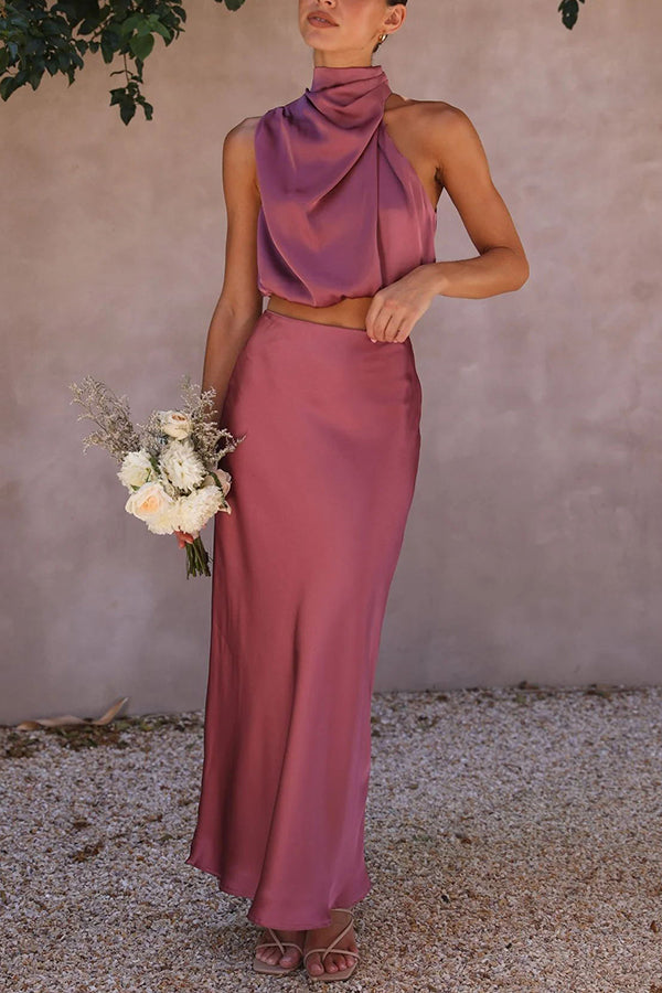 Ensemble satin femme, haut à manches longues et jupe longue
