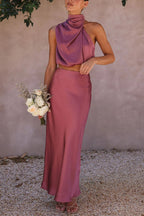 Ensemble satin femme, haut à manches longues et jupe longue