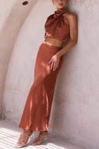 Ensemble satin femme, haut à manches longues et jupe longue
