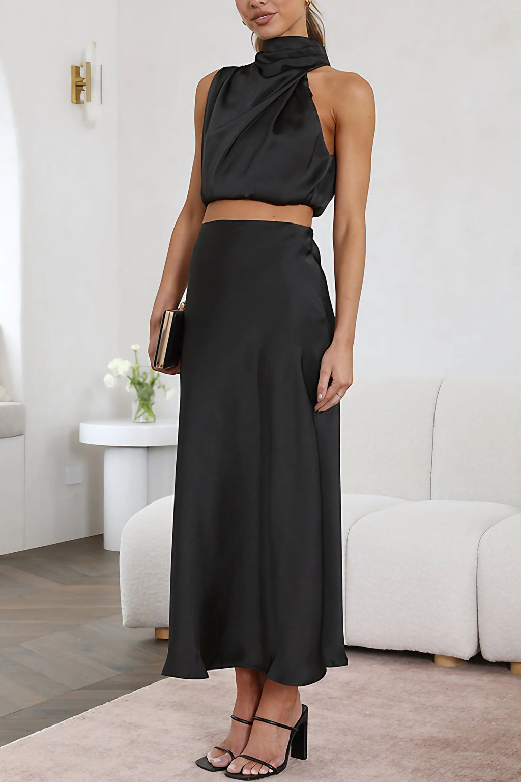 Ensemble satin femme, haut à manches longues et jupe longue, noir