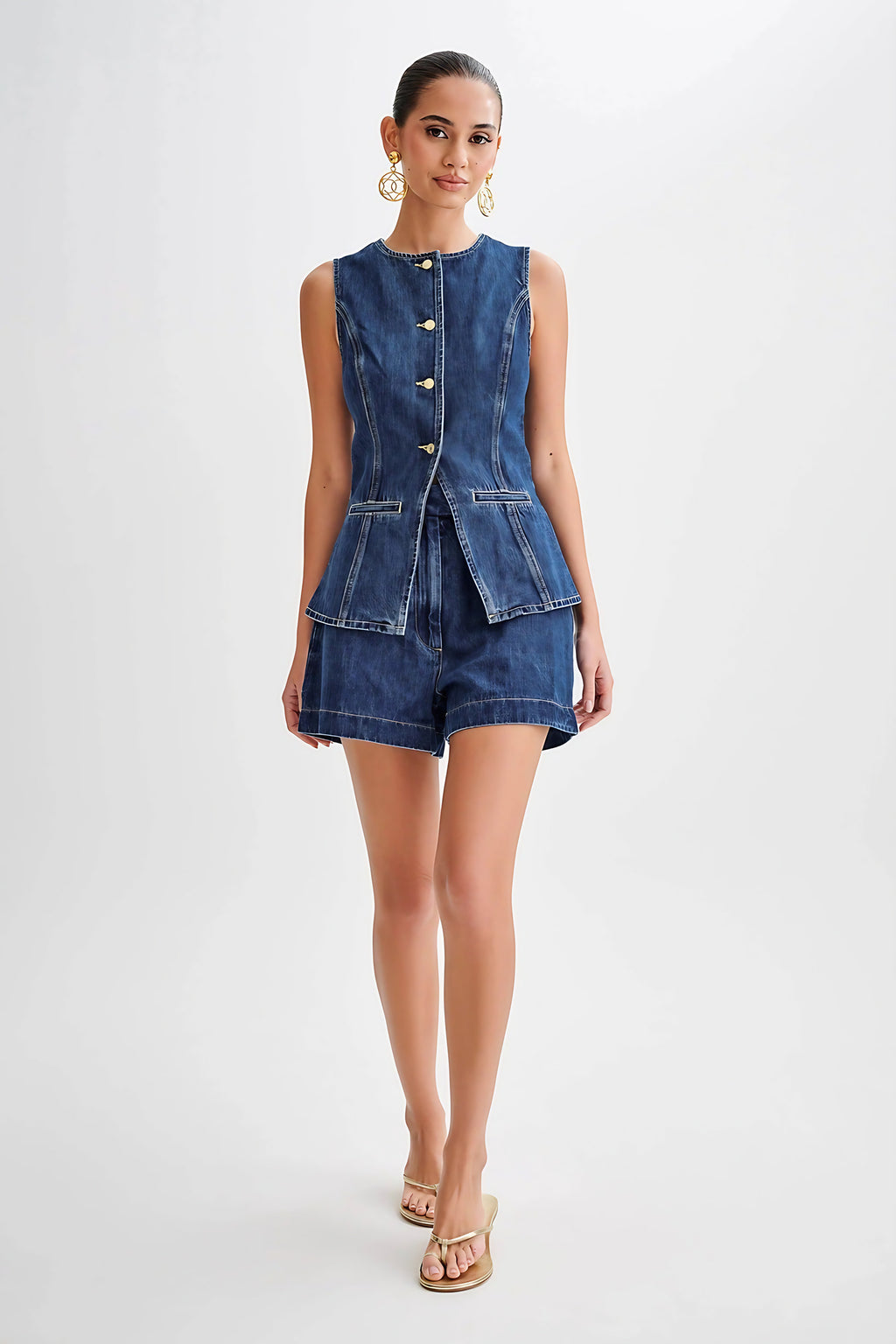 Ensemble en denim femme, gilet sans manches et short, col V