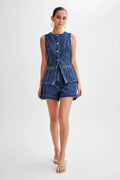Ensemble en denim femme, gilet sans manches et short, col V, bleu