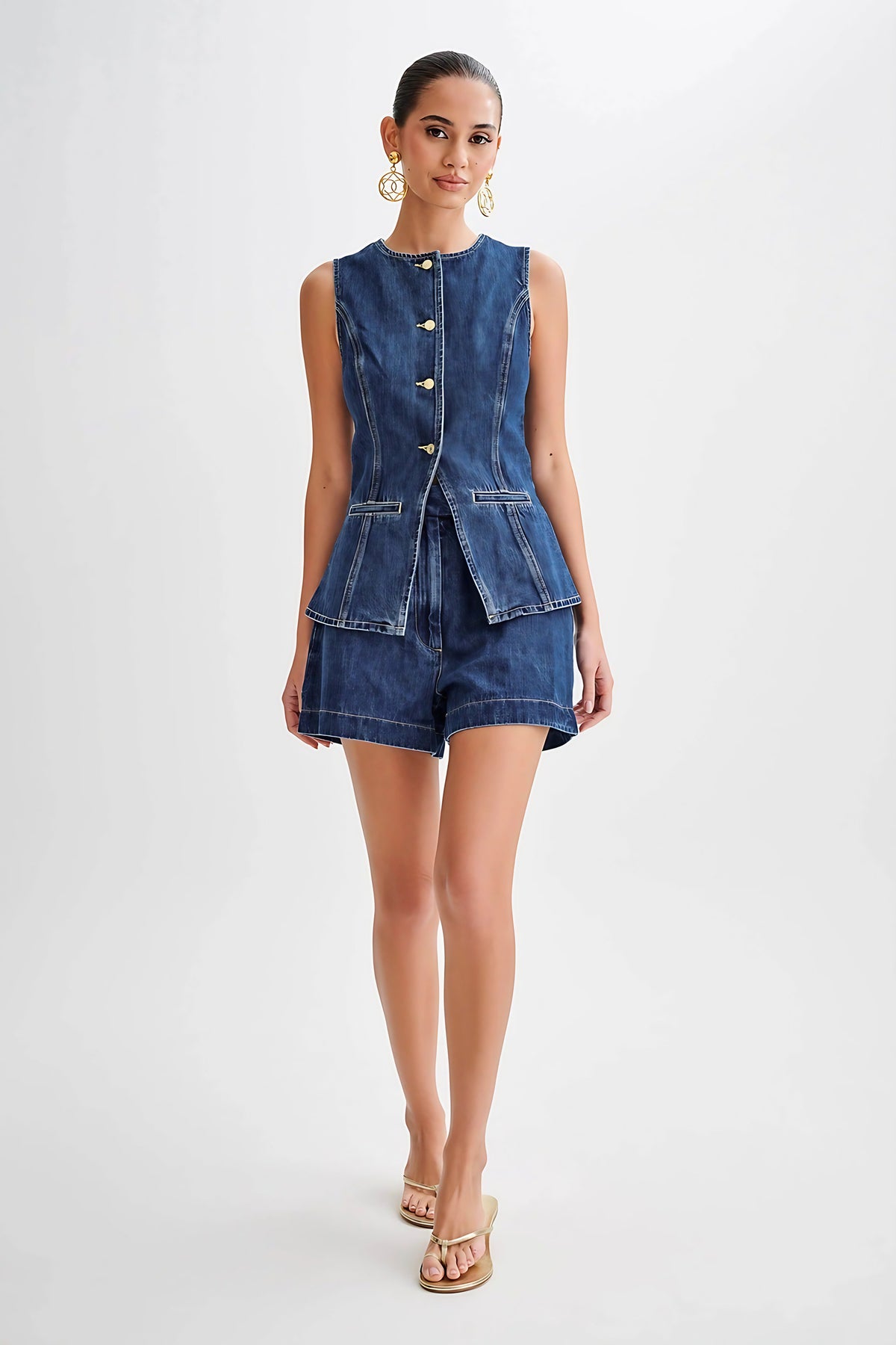 Ensemble en denim femme, gilet sans manches et short, col V, bleu