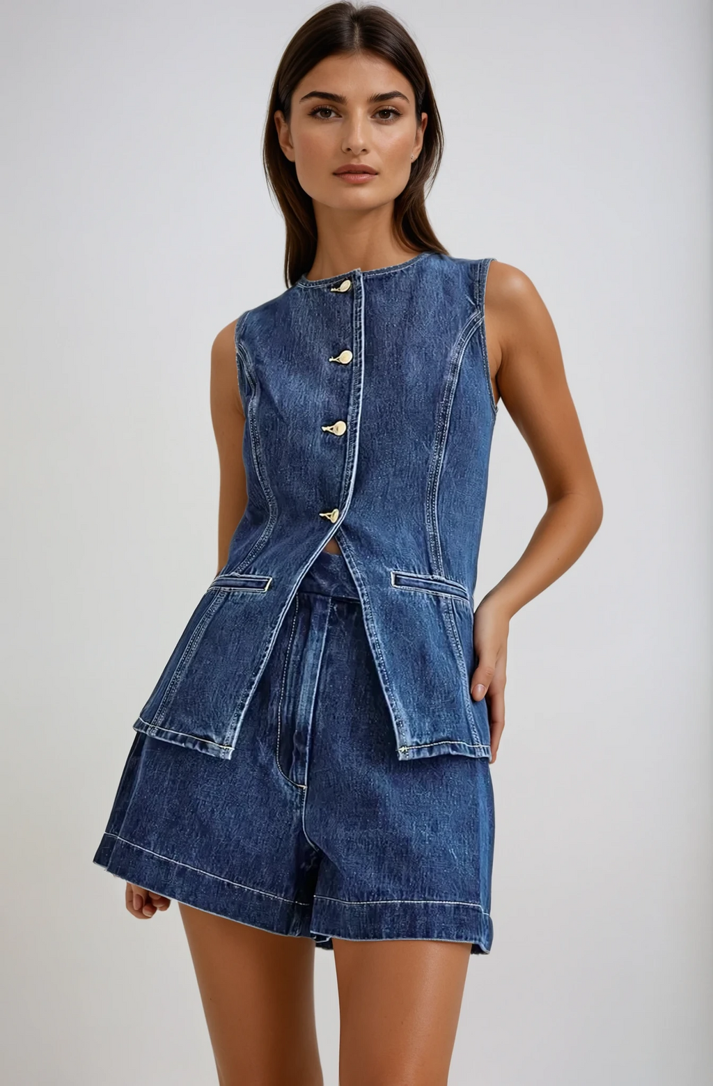 Ensemble en denim femme, gilet sans manches et short, col V