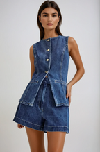 Ensemble en denim femme, gilet sans manches et short, col V
