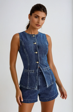 Ensemble en denim femme, gilet sans manches et short, col V