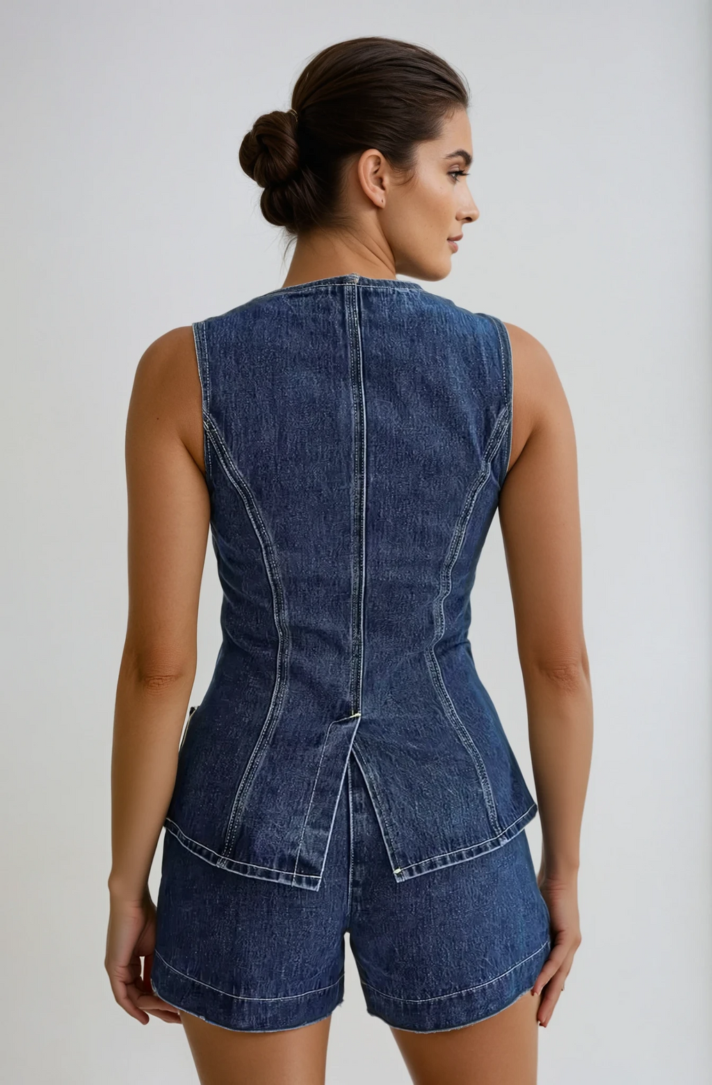 Ensemble en denim femme, gilet sans manches et short, col V