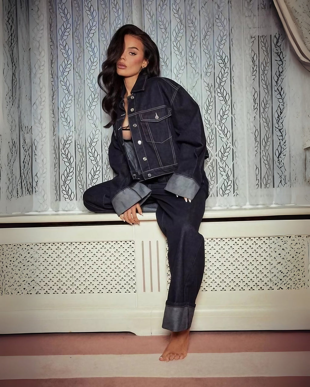 Ensemble denim femme, veste structurée et pantalon long