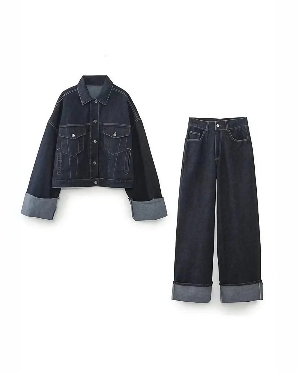 Ensemble denim femme, veste structurée et pantalon long, bleu foncé