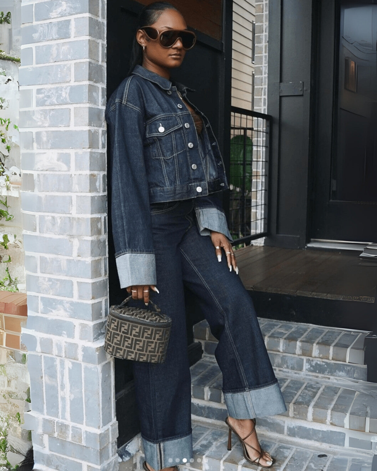 Ensemble denim femme, veste structurée et pantalon long