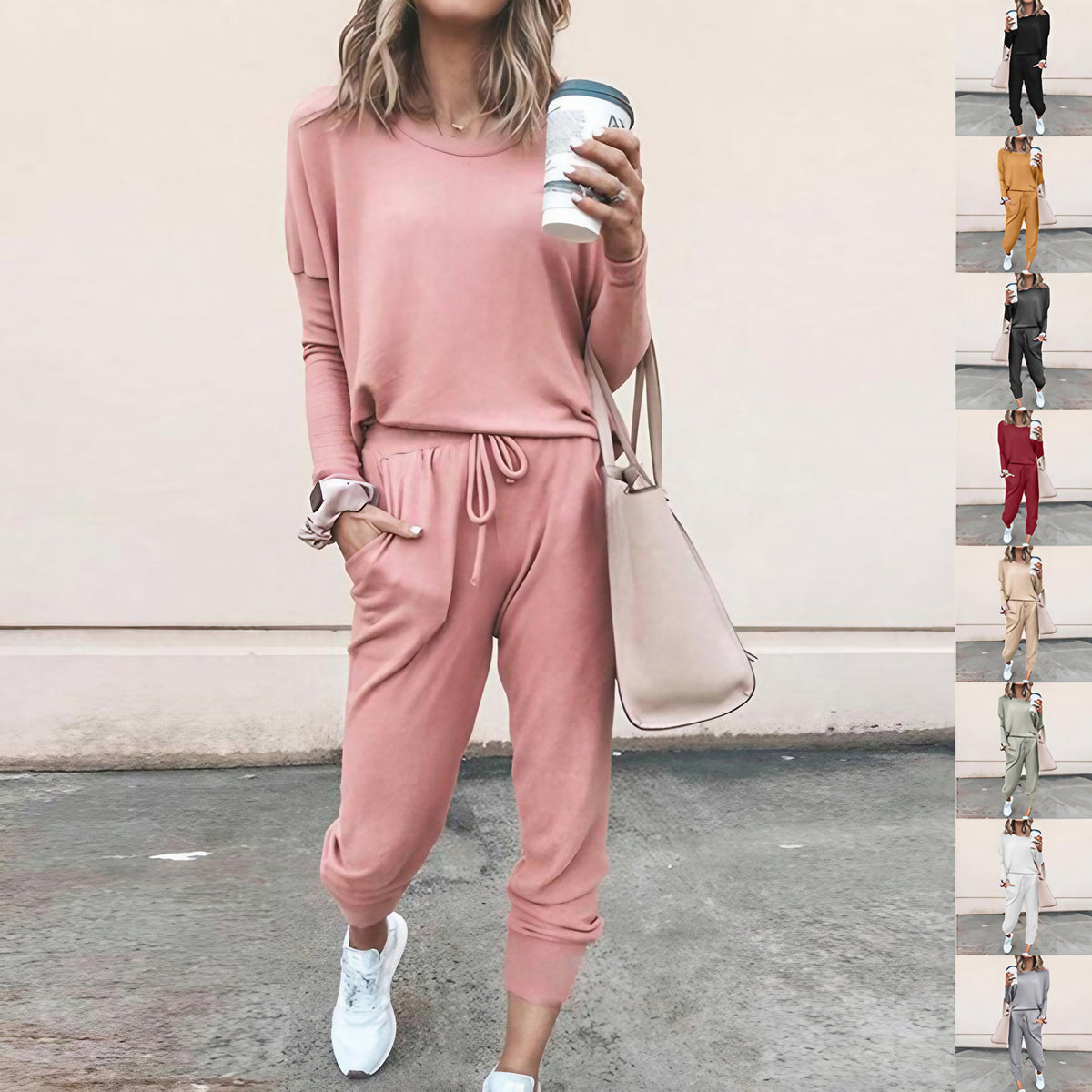 Ensemble femme deux pièces, pull et pantalon à cordon