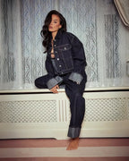 Ensemble en denim femme, veste et pantalon long assortis, bleu foncé