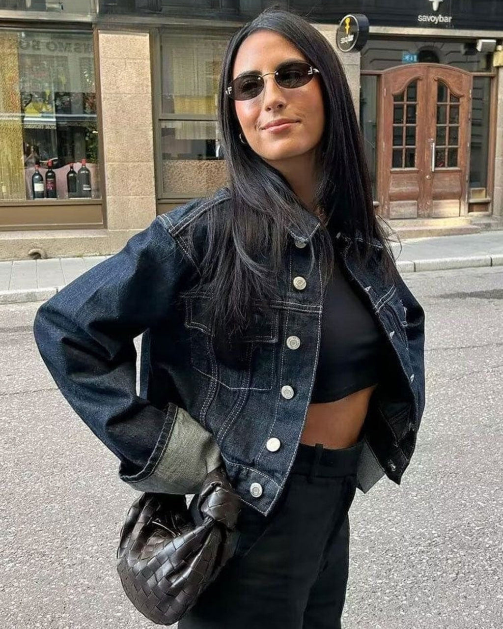 Ensemble en denim femme, veste et pantalon long assortis, bleu foncé