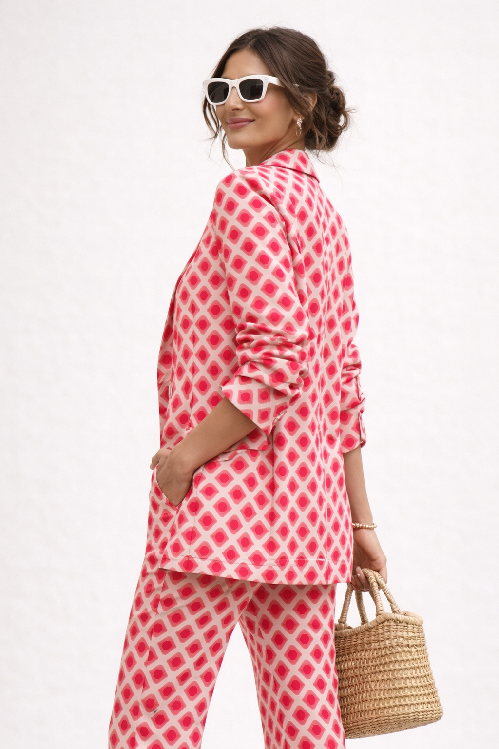 Ensemble femme rouge imprimé, coupe droite à revers