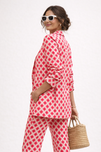 Ensemble femme rouge imprimé, coupe droite à revers