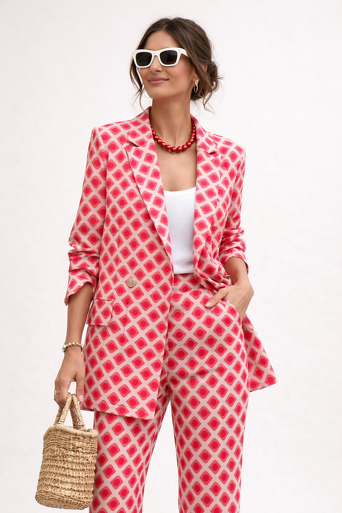 Ensemble femme rouge imprimé, coupe droite à revers, rouge