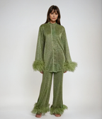 Ensemble femme deux pièces, haut à col en plumes et pantalon ample, vert