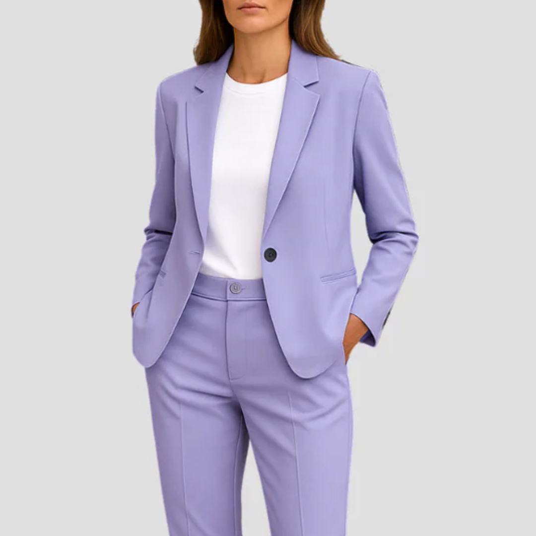 Ensemble tailleur pantalon femme, blazer à manches 3/4, violet