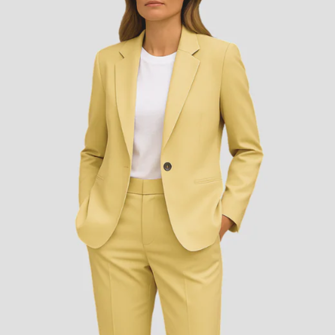 Ensemble tailleur pantalon femme, blazer à manches 3/4, jaune