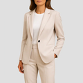 Ensemble tailleur pantalon femme, blazer à manches 3/4, beige clair